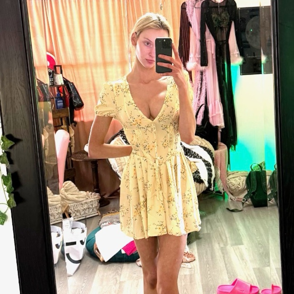 Yellow Puff Sleeve Mini Sundress with Plunge Neckline - Picture 3 of 6